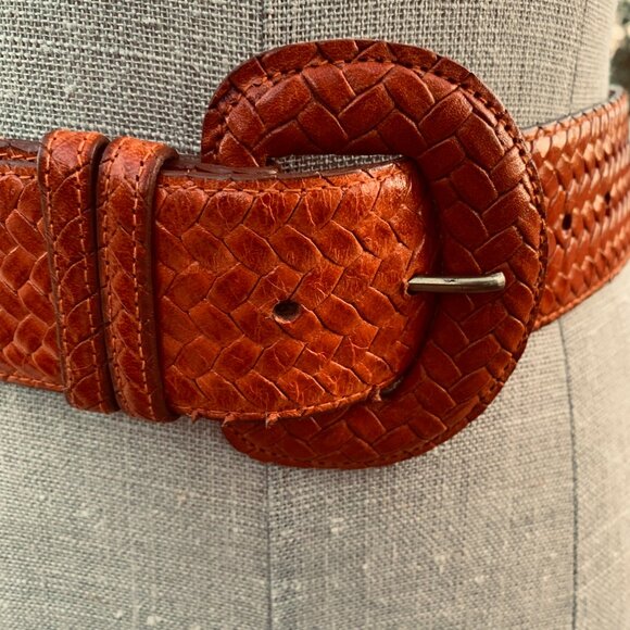 Vintage 90s Ports International Braided Orange Leather Wide Statement Waist Belt - Picture 2 of 14